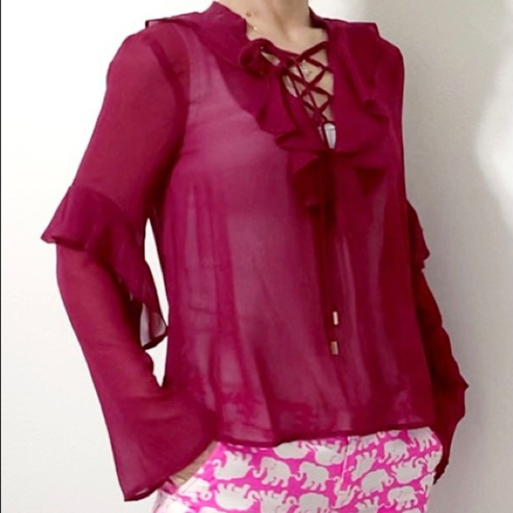 NEW Lily White Burgundy purple wine color ruffle long bell sleeve top size S